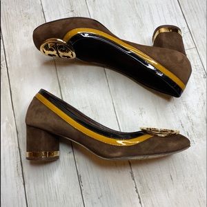 Tory Burch Brown Leather Block Pumps Gold Size 8.5